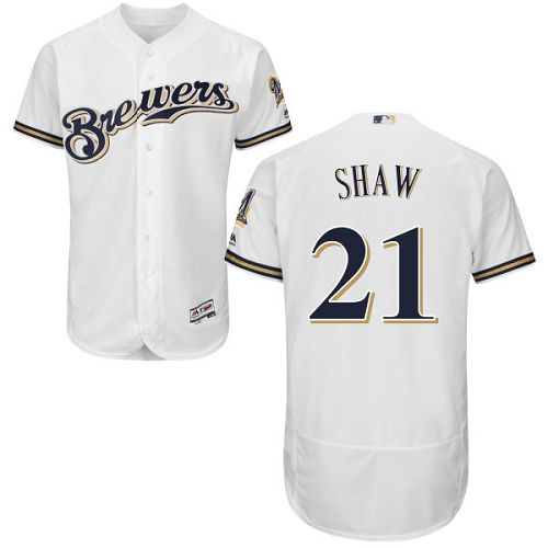 Milwaukee Brewers #21 Travis Shaw White Flexbase Authentic Collection Stitched Jersey Men's