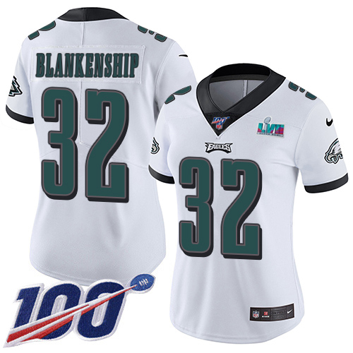 Eagles #32 Reed Blankenship White Super Bowl LVII Patch Women's Stitched 100th Season Vapor Untouchable Limited Jersey