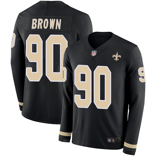 New Orleans Saints #90 Malcom Brown Black Team Color Men's Stitched Limited Therma Long Sleeve Jersey Men's
