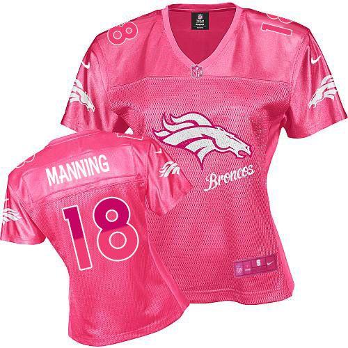 Broncos #18 Peyton Manning Pink Women's Fem Fan Game Jersey