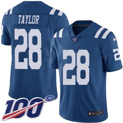 Colts #28 Jonathan Taylor Royal Blue Men's Stitched Limited Rush 100th Season Jersey
