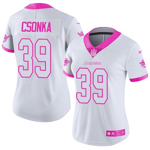 Miami Dolphins #39 Larry Csonka White/Pink Women's Stitched Limited Rush Fashion Jersey Womens