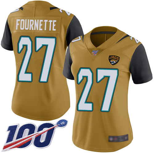 Jaguars #27 Leonard Fournette Gold Women's Stitched Limited Rush 100th Season Jersey
