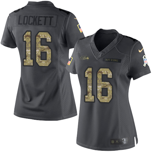 Seahawks #16 Tyler Lockett Black Women's Stitched Limited 2016 Salute To Service Jersey