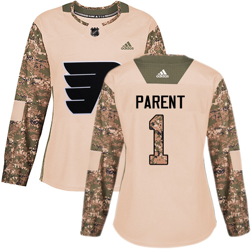 Adidas Philadelphia Flyers #1 Bernie Parent Camo Authentic 2017 Veterans Day Women's Stitched Jersey Womens