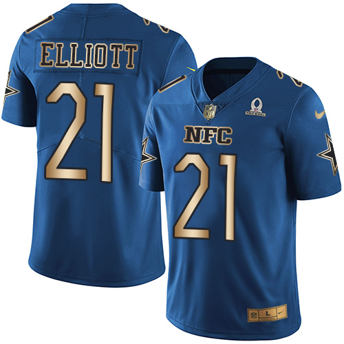 Cowboys #21 Ezekiel Elliott Navy Youth Stitched Limited Gold NFC 2017 Pro Bowl Jersey