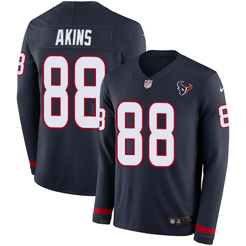 Houston Texans #88 Jordan Akins Navy Blue Team Color Men's Stitched Limited Therma Long Sleeve Jersey Men's