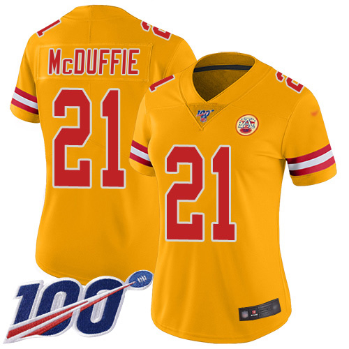 Chiefs #21 Trent McDuffie Gold Women's Stitched Limited Inverted Legend Jersey