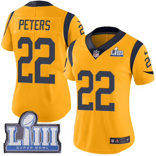 Los Angeles Rams #22 Marcus Peters Gold Super Bowl LIII Bound Women's Stitched Limited Rush Jersey Womens