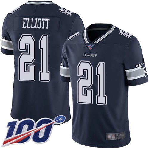 Cowboys #21 Ezekiel Elliott Navy Blue Team Color Youth Stitched 100th Season Vapor Limited Jersey