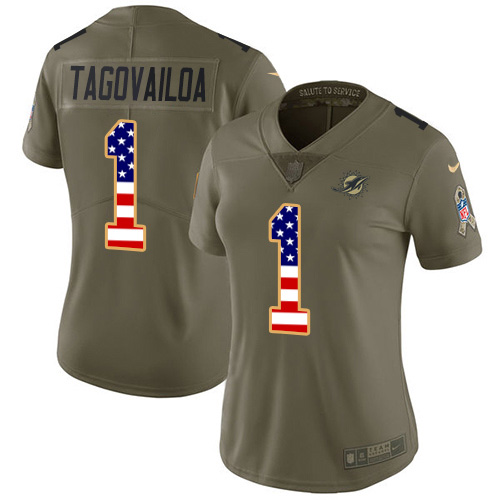 Dolphins #1 Tua Tagovailoa Olive/USA Flag Women's Stitched Limited 2017 Salute To Service Jersey