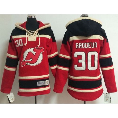 New Jersey Devils #30 Martin Brodeur Red Sawyer Hooded Sweatshirt Stitched Youth Jersey Youth