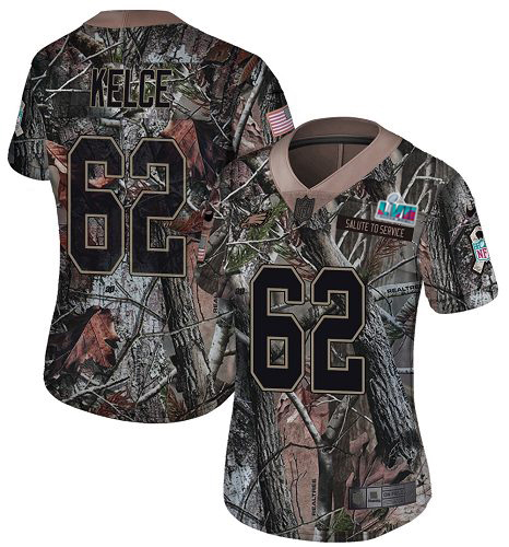 Eagles #62 Jason Kelce Camo Super Bowl LVII Patch Women's Stitched Limited Rush Realtree Jersey