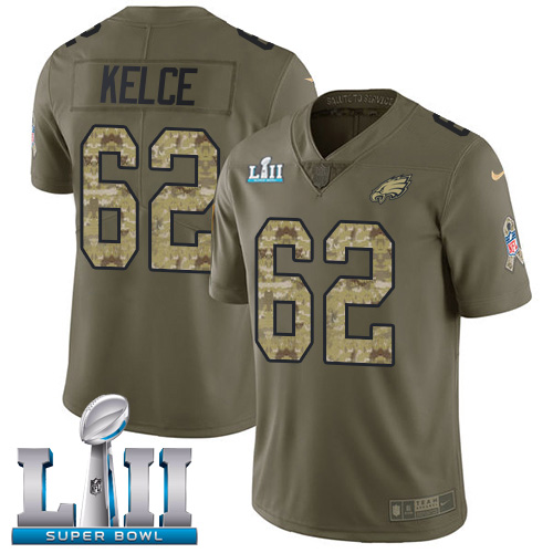 Eagles #62 Jason Kelce Olive/Camo Super Bowl LII Youth Stitched Limited 2017 Salute To Service Jersey