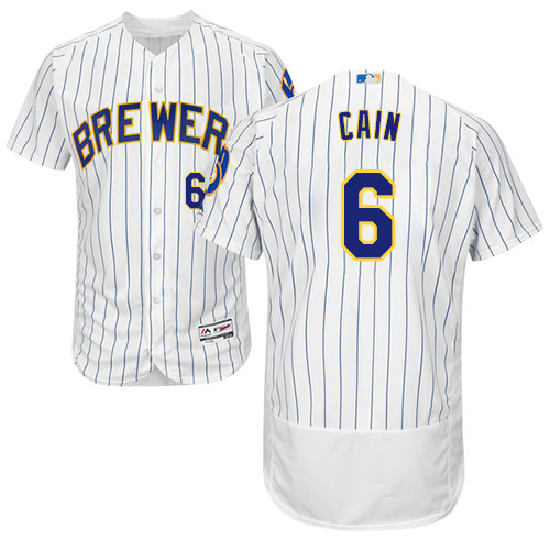 Milwaukee Brewers #6 Lorenzo Cain White Strip Flexbase Authentic Collection Stitched Jersey Men's