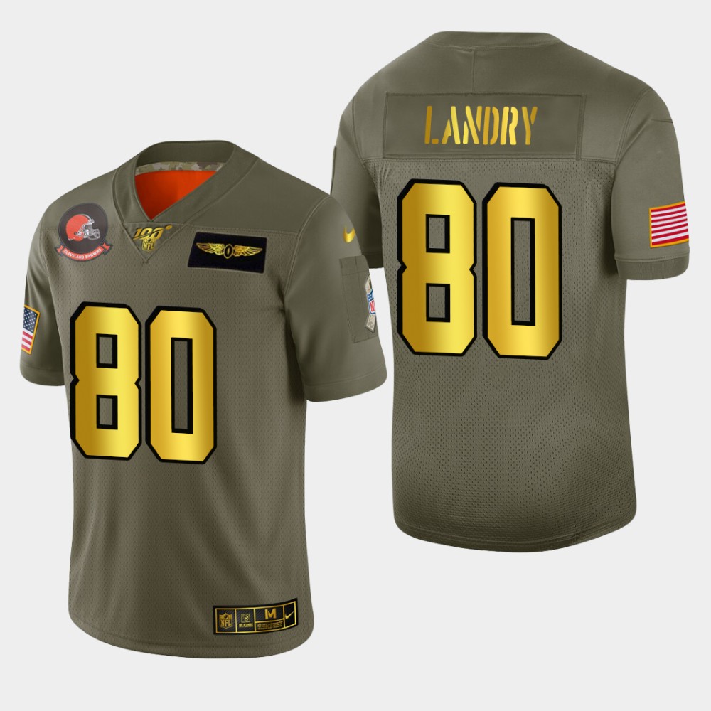 Browns #80 Jarvis Landry Men's Olive Gold 2019 Salute To Service 100 Limited Jersey