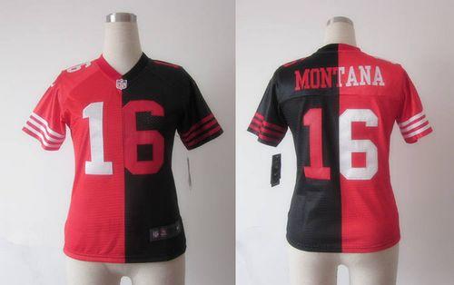 49ers #16 Joe Montana Black/Red Women's Stitched Elite Split Jersey