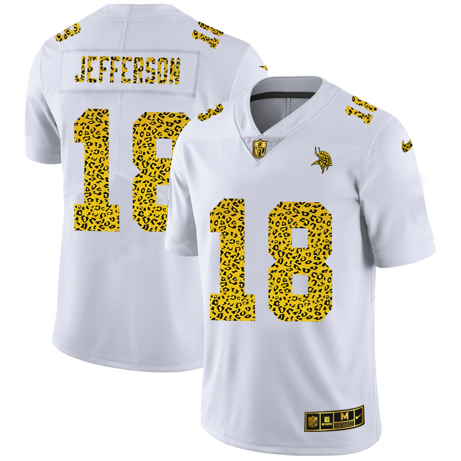 Minnesota Vikings #18 Justin Jefferson Men's Flocked Leopard Print Vapor Limited Jersey White