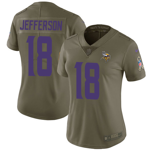 Vikings #18 Justin Jefferson Olive Women's Stitched Limited 2017 Salute To Service Jersey