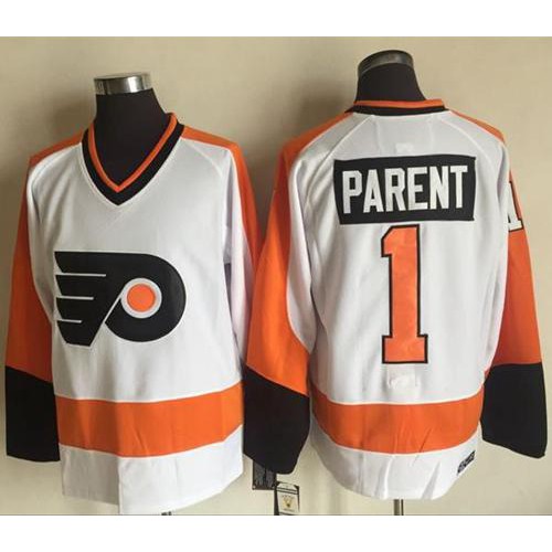 Philadelphia Flyers #1 Bernie Parent White CCM Throwback Stitched Jersey Men's