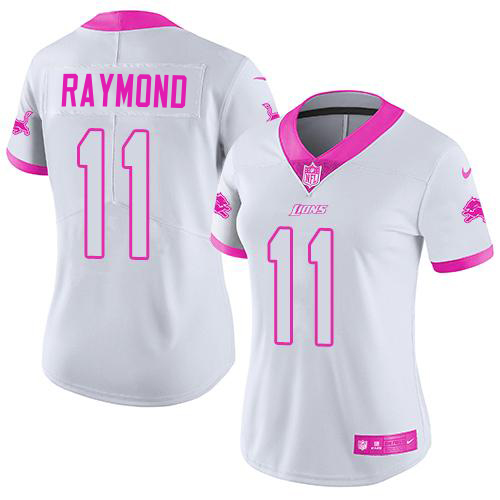 Lions #11 Kalif Raymond White/Pink Women's Stitched Limited Rush Fashion Jersey