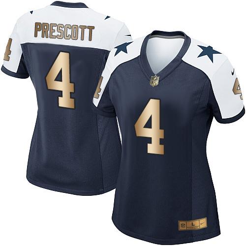 Cowboys #4 Dak Prescott Navy Blue Thanksgiving Throwback Women's Stitched Elite Gold Jersey