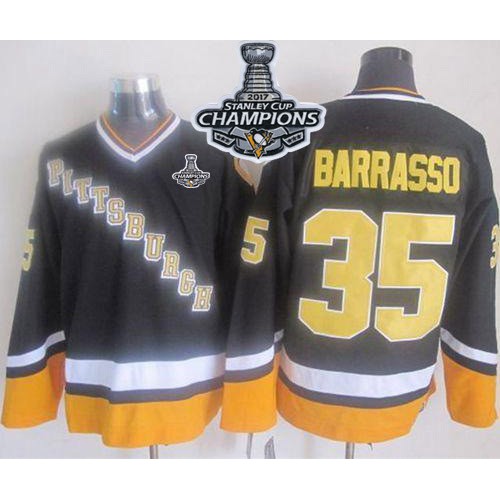 Pittsburgh Penguins #35 Tom Barrasso Black/Yellow CCM Throwback 2017 Stanley Cup Finals Champions Stitched Jersey Men's
