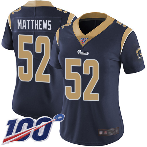 Los Angeles Rams #52 Clay Matthews Navy Blue Team Color Women's Stitched 100th Season Vapor Limited Jersey Womens