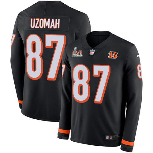 Cincinnati Bengals #87 C.J. Uzomah Black Team Color Super Bowl LVI Patch Youth Stitched Limited Therma Long Sleeve Jersey Youth