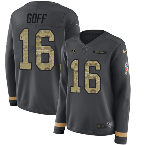 Los Angeles Rams #16 Jared Goff Anthracite Salute to Service Women's Stitched Limited Therma Long Sleeve Jersey Womens