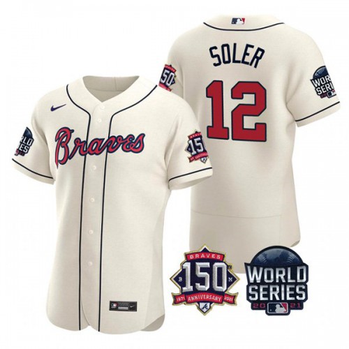 Atlanta Atlanta Braves #12 Jorge Soler Men's 150th Anniversary 2021 World Series Authentic Jersey - Cream Men's