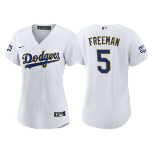 Los Angeles Los Angeles Dodgers #5 Freddie Freeman Women's 2021 Gold Program World Series Champions Jersey - Whtie Womens