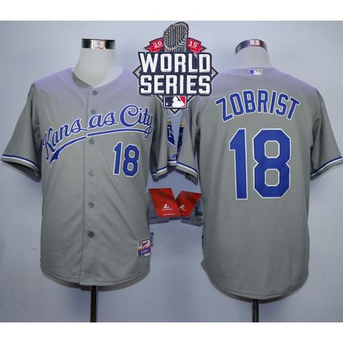 Kansas City Royals #18 Ben Zobrist Grey Cool Base W/2015 World Series Patch Stitched Jersey Men's