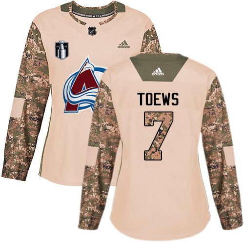 Adidas Colorado Avalanche #7 Devon Toews Camo Women's 2022 Stanley Cup Final Patch Authentic Veterans Day Stitched Jersey Womens