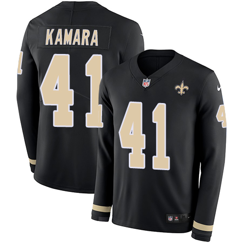 Saints #41 Alvin Kamara Black Team Color Men's Stitched Limited Therma Long Sleeve Jersey