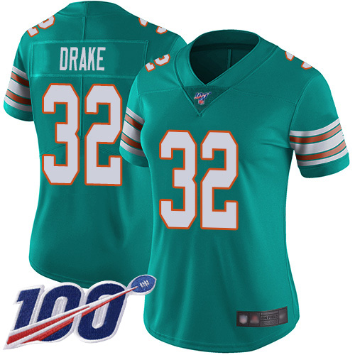 Miami Dolphins #32 Kenyan Drake Aqua Green Alternate Women's Stitched 100th Season Vapor Limited Jersey Womens