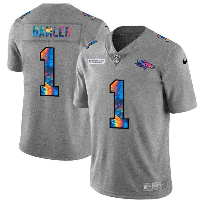Denver Broncos #1 KJ Hamler Men's Multi-Color 2020 Crucial Catch Jersey Greyheather