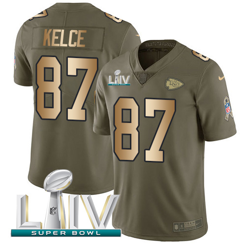 Chiefs #87 Travis Kelce Olive/Gold Super Bowl LIV 2020 Men's Stitched Limited 2017 Salute To Service Jersey