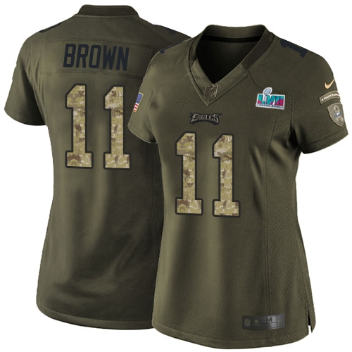 Eagles #11 A.J. Brown Green Super Bowl LVII Patch Women's Stitched Limited 2015 Salute To Service Jersey