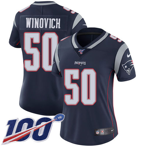 New England Patriots #50 Chase Winovich Navy Blue Team Color Women's Stitched 100th Season Vapor Limited Jersey Womens