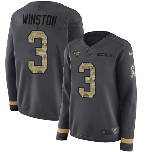Tampa Bay Buccaneers #3 Jameis Winston Anthracite Salute to Service Women's Stitched Limited Therma Long Sleeve Jersey Womens