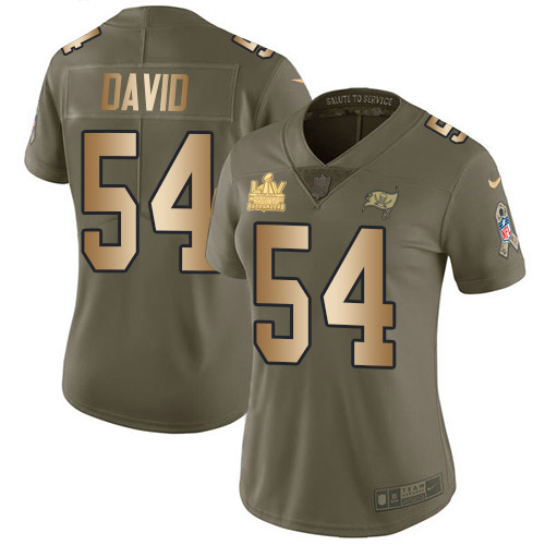 Buccaneers #54 Lavonte David Olive/Gold Women's Super Bowl LV Champions Patch Stitched Limited 2017 Salute To Service Jersey