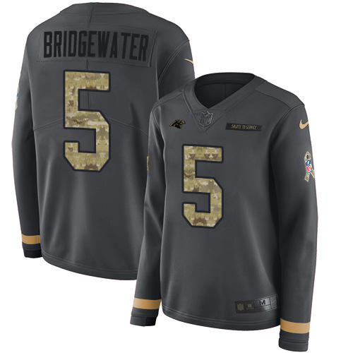 Carolina Panthers #5 Teddy Bridgewater Anthracite Salute to Service Women's Stitched Limited Therma Long Sleeve Jersey Womens
