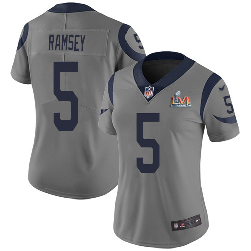 Rams #5 Jalen Ramsey Gray Super Bowl LVI Patch Women's Stitched Limited Inverted Legend Jersey