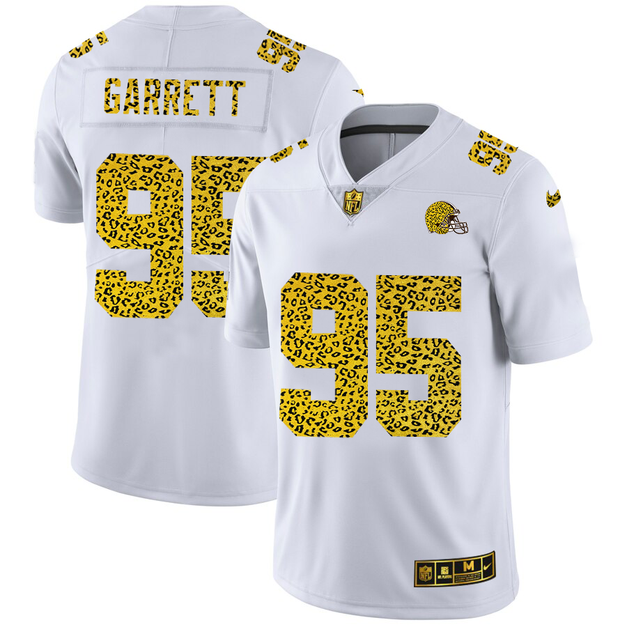 Cleveland Browns #95 Myles Garrett Men's Flocked Leopard Print Vapor Limited Jersey White