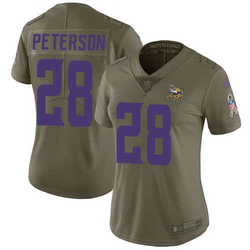 Minnesota Vikings #28 Adrian Peterson Olive Women's Stitched Limited 2017 Salute to Service Jersey Womens