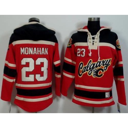 Calgary Flames #23 Sean Monahan Red/Black Sawyer Hooded Sweatshirt Stitched Jersey Men's