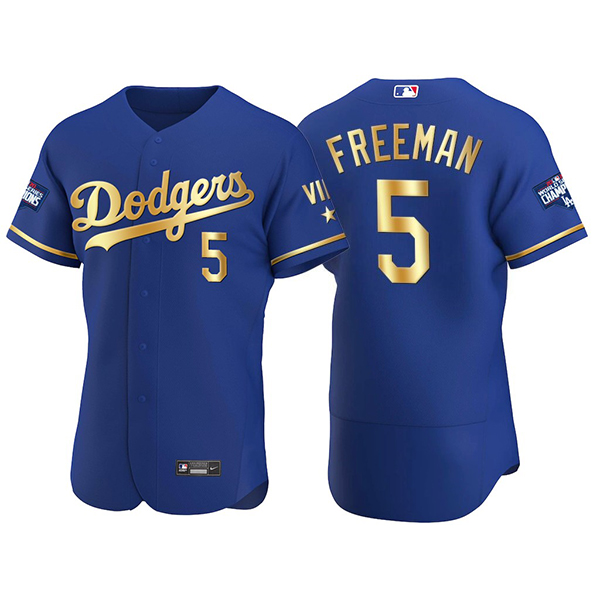 Los Angeles Dodgers #5 Freddie Freeman Men's Authentic 2021 Gold Program World Series Champions Jersey Royal