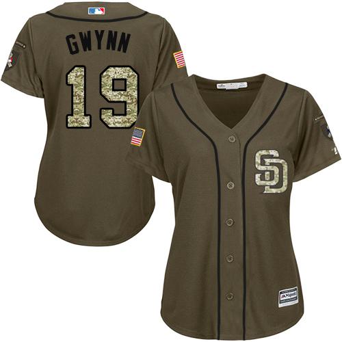 San Diego Padres #19 Tony Gwynn Green Salute to Service Women's Stitched Jersey Womens