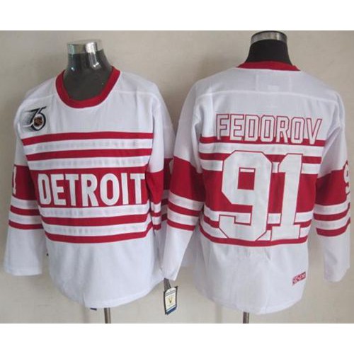 Detroit Red Wings #91 Sergei Fedorov White 75TH CCM Stitched Jersey Men's